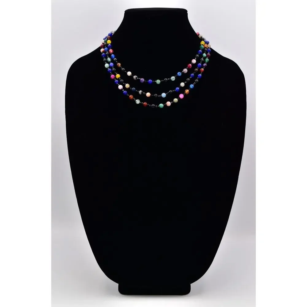 Vintage Multi-Strand Colorful Glass Cabochon Beaded Necklace Crystal 1980s BinAU